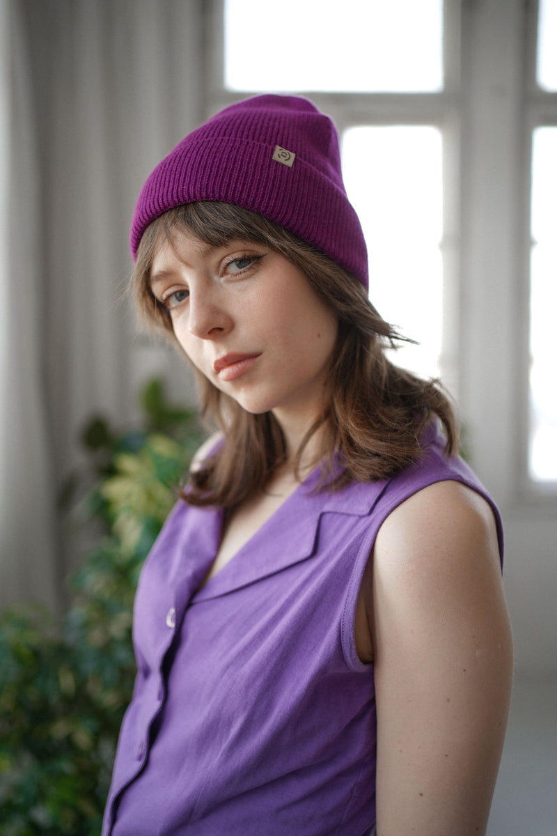 Cienka czapka merino z kaszmirem damska Fuchsia